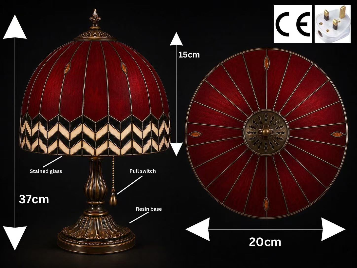 Image 1. Customer design reference for a red Tiffany-style table lamp, with annotated dimensions and a chevron shade border.