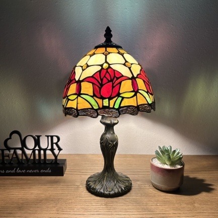 Amber Floral Tiffany Table Lamp - Handcrafted Stained Glass Lamp