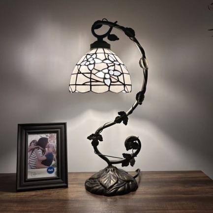 Ivory Floral Tiffany Table Lamp - Handcrafted Stained Glass Lamp