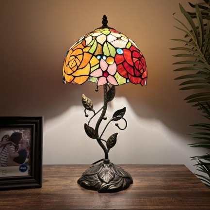 Crimson Leaf Tiffany Table Lamp - Handcrafted Stained Glass Lamp