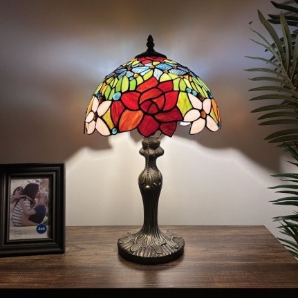 Crimson Wisteria Tiffany Table Lamp - Handcrafted Stained Glass Lamp